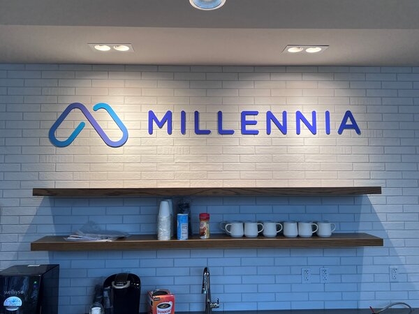 Dimensional logo sign for Millennia office design & Installed in Triangle