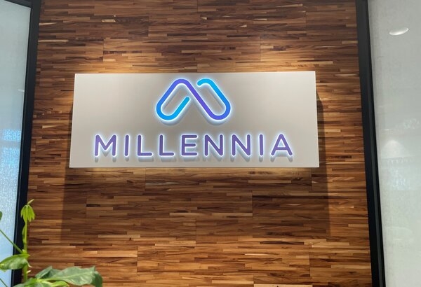 Illuminated lobby sign of Millennia fabricated in Raleigh, NC